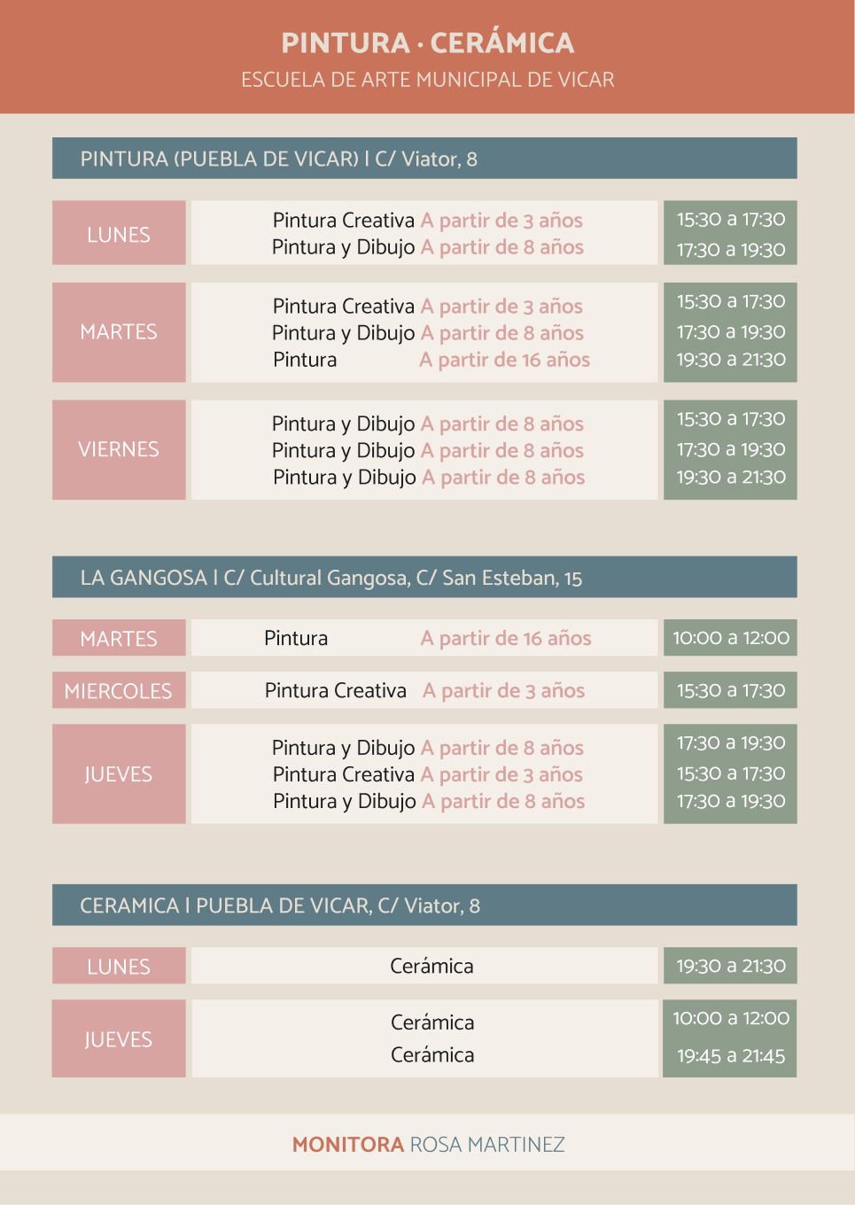 Calendario Talleres Rosa Martínez